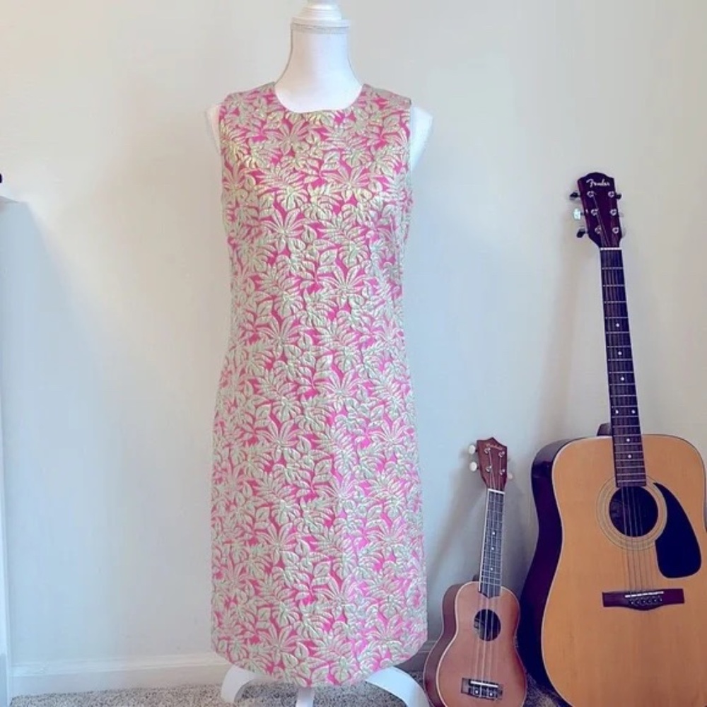 J. McLaughlin Belinda Sheath pink dress with gold metallic leaf print sz 6 NWT